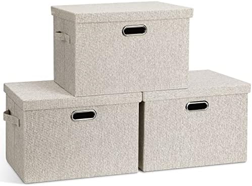 Large Quart Collapsible Stackable Storage Bins with Lids, 3 Packs Beige Linen Fabric Closet Boxes with Lids, Storage Cube Baskets Container Organizers for Bedroom Office(16.6 x 11.7 x 10.8)