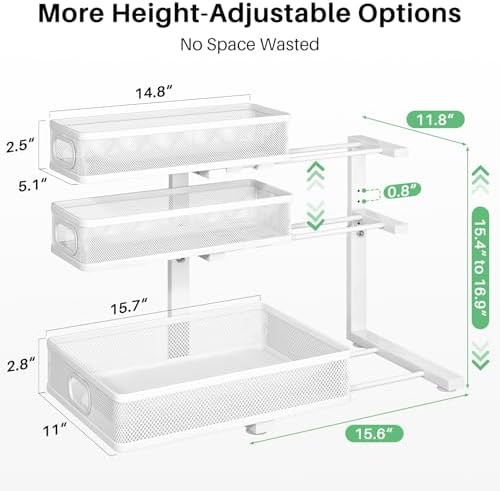 Under Sink Organizer, 2-Pack 3-Tier Height Adjustable Thickened Metal Pull out Cabinet Organizer Shelf, Slide out Storage Drawer Rack for Bathroom Kitchen Pantry Home Laundry Organization