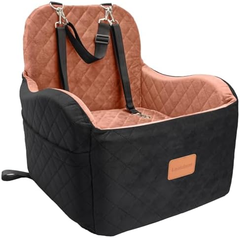 Dog Booster Car Seat for S/M Dogs Up to 35lbs,Soft 6in Elevated Cushion,Fits in Front/Back Seat,Fully Detachable and Washable,2 Storage Pockets & 3 Straps,Easy to Install (Black/Brown,Medium)