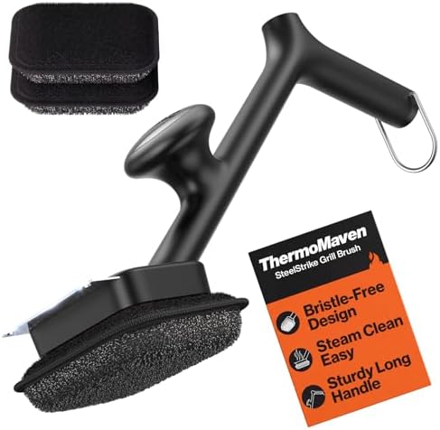 Bristle-Free BBQ Grill Brush - No Wire Risk Steam Cleaner Removes Burnt Grease Fast - 17" Cool-Touch Handle, Scraper & 3 Replaceable Heads for Gas, Charcoal & Cast Iron