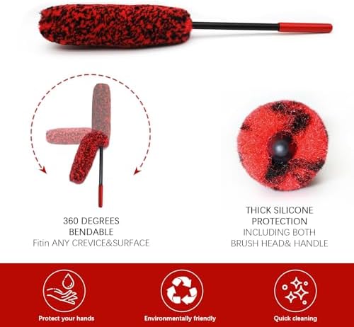 Wheel Brush Kit for Cleaning Wheel and Tire, 2 Soft Bendable Wheel Woolies Cleaning Brush, Stiff Tire Brush, Detailing Brush, Flexible&Durable Wheel Rim Cleaner Brush Set (Red)