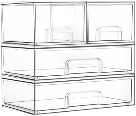 Clear Stackable Storage Drawers Set of 4, Plastic Organizer Bins