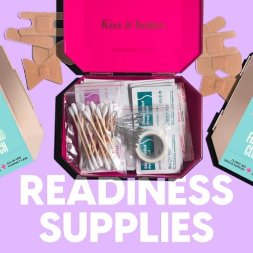 First Aid Kit - 75 Essential First-aid Supplies, Bandages, Wipes, Gold Travel Case - Multipurpose Mini Emergency Kit for Women - Pink Interior - Compact & Versatile - TSA Approved (1 Count)