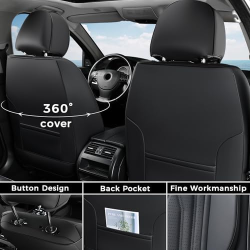 Seat Covers FullSet, 5 Seats Car Seat Protector, Waterproof Nappa Leather Cushion, Front & Rear Fit for Most Sedans SUV Pick-up Truck-Black