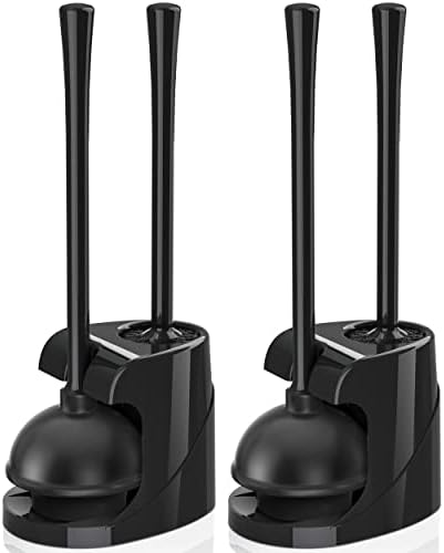 Toilet Plunger and Brush with Holder, Bowl Brush and Heavy Duty Toilet Plunger Set for 5.7-inch Toilet Drain, 2-in-1 Bathroom Cleaning Combo with Modern Caddy Stand (Black, 2 Set)