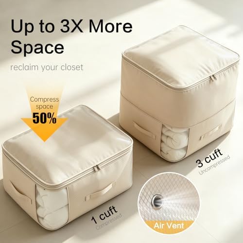 Comforter Storage Bag, Large Capacity Blanket Storage Bags 2-Layer Ultra Space Saving Self Compression Organizer, Heavy Duty Space Saver Organizer for Bedding, Clothes, Blanket, 2-Pack, Beige