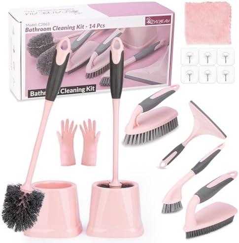 Pink Toilet Brush and Holder Set, 14 PCS Bathroom Cleaning Kit