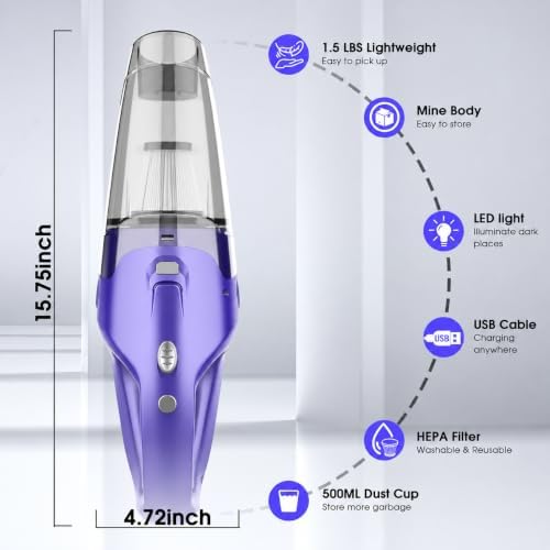 Handheld Vacuum Cordless Rechargeable – 6000Pa Mini Hand Held Vacuum, LED Light, 20–25 Mins Runtime, USB Charging, 500ML Cup – Lightweight Small Vacuum Cleaner Cordless for Car/Office/Home