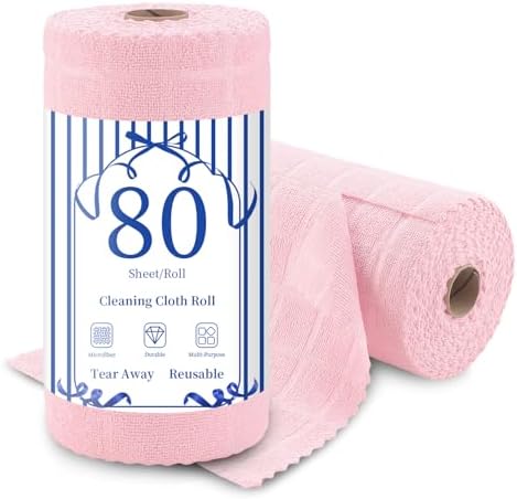 80 Pack Microfiber Cleaning Cloth Roll,Lint Free Rags Paper Towels & Tear Away Reusable Towels,Washable Shop Rags,Wash Cloths Dish Rags(12" x 12") for Car Kitchen Window Garage-Pink