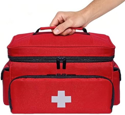 Small First Aid Bag Empty Medical Bag Red Pill Bottle Organizer Case, Portable Emergency Bag Travel Medicine Kit Storage 12" x 9" x 7" First Aid Box for Car, Home, Office, Dorm, Camping (Red)