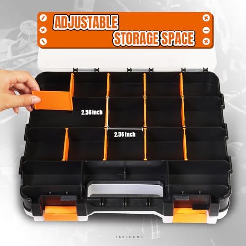 Tool Box with Transparent Lid, Double Side 34-Compartments Organizer Box with Removable Dividers for Hardware, Screws, Bolts, Nails, Beads, Jewelry and Fishing Accessories, Orange, 2 Pack