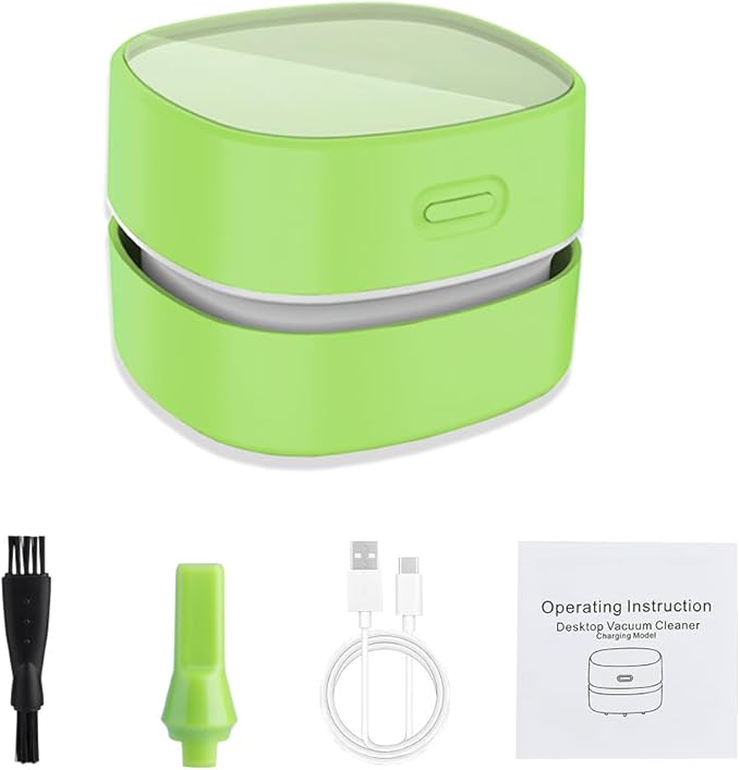 ODISTAR Desktop Vacuum Cleaner,Mini Table dust Sweeper Energy Saving with auto Power-Off Function,High Endurance up to 400 mins,Cordless&360º Rotatable for Keyboard/Home/Office (Green AA Battery)