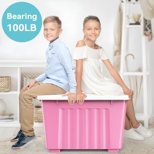 Plastic Storage Bin, Stackable and Nestable Storage Boxes with White Lids and Secure Latching Buckles, Large Storage Container (Pink/White, 72Quart-6Pack)