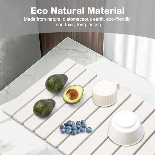 Large Stone Dish Drying Mat for Kitchen Counter – 24"(L)×16 "(W) Foldable Super Absorbent Diatomaceous Earth Stone Dish/Bath Mat, Kitchen Counter Mat for Plate Rack, Cup, Match Any Countertop - White