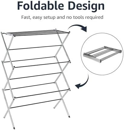 Foldable Portable Metal Clothes Drying Rack for Indoor Air Drying, Energy Saving, 14.5 x 29.5 x 41.8 inches, Chrome Silver