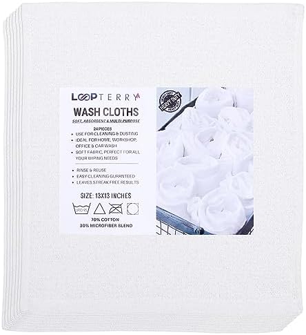 13 x 13 Inches Bar Mop Towels White Terry Cloth Dish Rags, Cotton Cleanings Cloths - Soft & Gentle Face Towels, Absorbent & Lightweight Bar Rags for Kitchen Hand Towels (24 Pack)