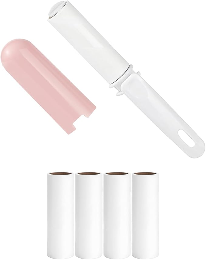 Mini Travel Lint Roller with Cover and 4 Refills Compact Sticky Roller for Clothes Travel Essentials for Pet Hair Removal Small Lint Roller for Purse Car (Pink)