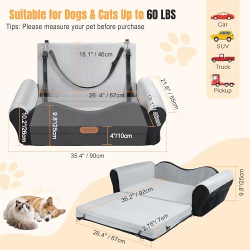 Elevated Dog Car Seat for 2 Small Dogs / 1 Large Dog Up to 60 LBS