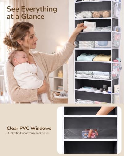 1 Pack Over Door Organizer with 5 Large Pockets 10 Mesh Side Pockets, 44 lbs Weight Capacity Hanging Storage Organizer with Clear Window Kids Toys, Diapers, Dark Grey, 5 Layers