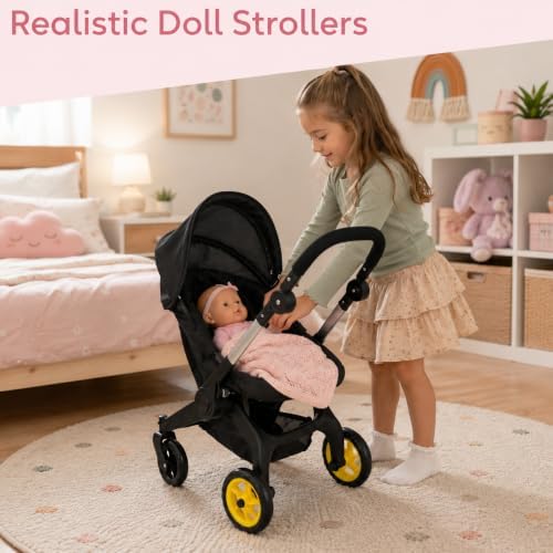 Baby Doll Car Seat Stroller Combo – Convertible 2 in 1 Doll Stroller and Car Seat for Kids – Fits Up to 20” Dolls – Play Toy Baby Stroller with Adjustable Handle for Girls (Black)