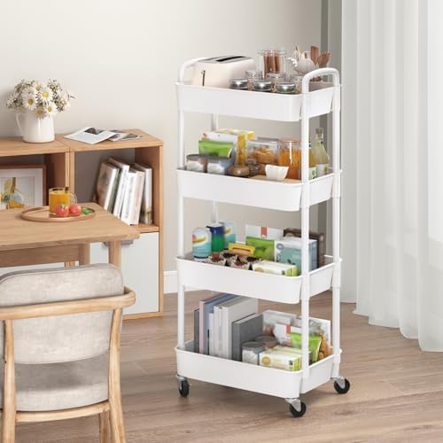 4-Tier Plastic Rolling Utility Cart with Wheels for Storage,White