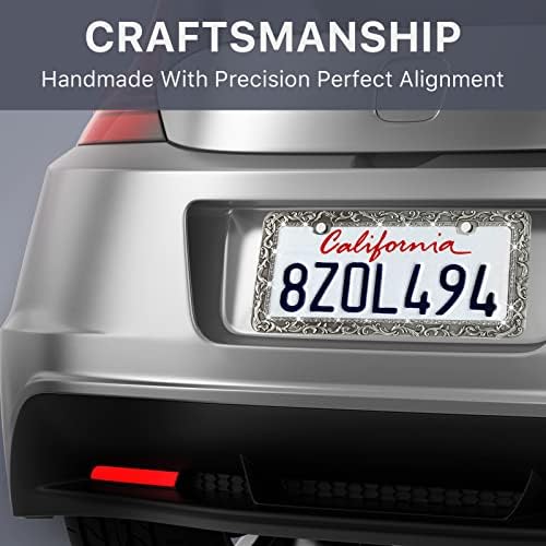 Metal Car License Plate Frames,Antique Old Pattern Printing, Bling Crystal Rhinestones Inlaid,Universal 2 Holes Automotive Replacement Parts Plate Holder(1 Pack)