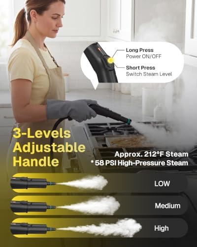 Steam Cleaner 1.9 Qt Tank Portable Steamer for Cleaning with 3-Levels Adjustable Handle 15s Heat-Up Steam Cleaner for Cars, Home, Tile, Grease and Windows 1500W, 58PSI, 212°F Steam (Yellow)