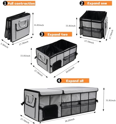 Car Trunk Organizer and Storage with Separate Compartment for 1 Pair of Shoes, Heavy Duty with Lid & Removable Leakproof Cooler Bag, Collapsible Large Trunk Organizers for SUV Sendan (Grey)