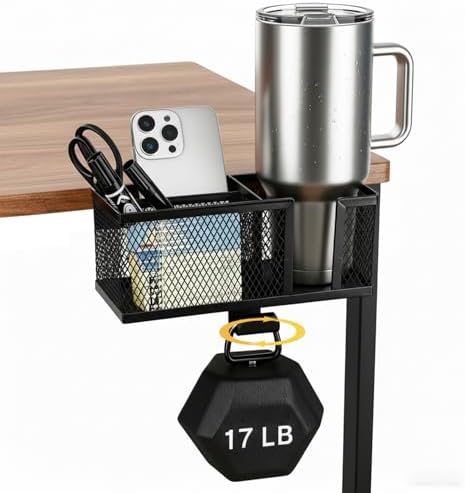 4 in 1 Metal Clip On Cup Holder Attachment for Gaming Desk or Table, Fits up to 40oz Cups, Sturdy and Easy to Clamp, Attachable Anti-Spill Cup Holder for Chair, Bedside, Bottles, Drinks - Black