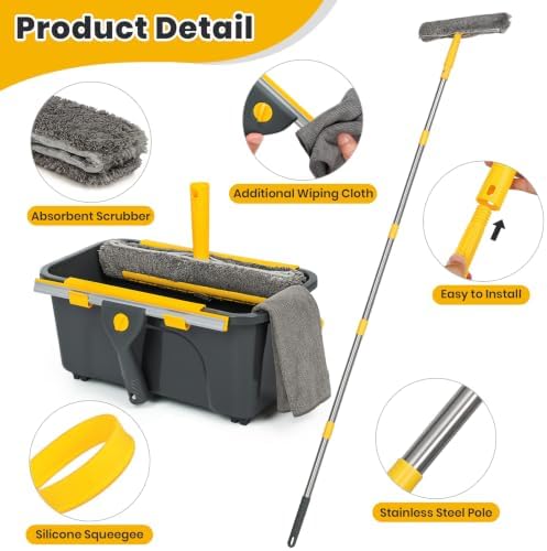 Window Cleaning Kit with Bucket, Squeegee and Scrubber for Home, Yellow