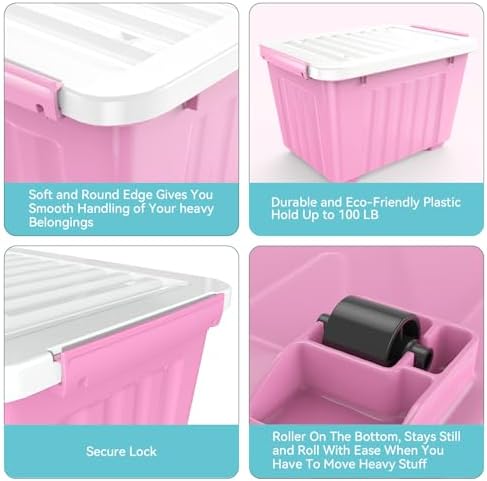 Plastic Storage Bin, Stackable and Nestable Storage Boxes with White Lids and Secure Latching Buckles, Large Storage Container (Pink/White, 72Quart-6Pack)