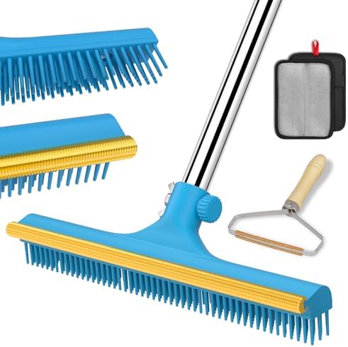 Carpet Rake for Pet Hair Removal, Reusable Pet Hair Remover Broom, 60'' Adjustable Long Handle Dog and Cat Hair Remover Tool Set of 3, Lint Remover Scraper for Carpets, Rugs, Mats, Couch, Car