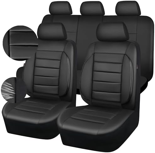 Leather Seat Covers Full Set Universal Water Resistant 3D Foam Back Support, Luxury Comfort Automotive 5 Seat Covers All Season Fit for SUV,Sedan,Van, Airbag Compatible Elegance(Pure Black)