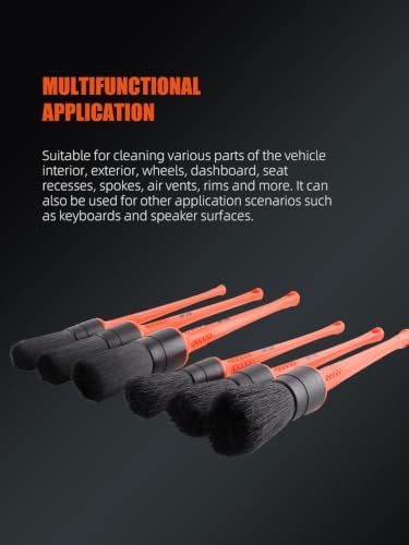 Car Detailing Brush Kit, 6Pcs Auto Boar Hair Detail Brush Set Automotive Interior Exterior No Scratch Microfiber Detailing Brushes for Cleaning Air Vents, Engine Bays, Dashboard & Wheels -BRFCD15