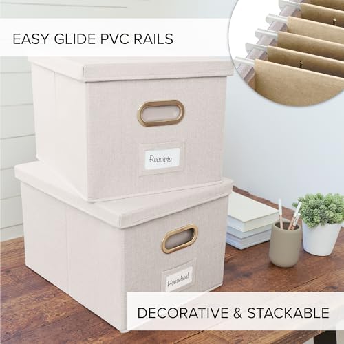 Decorative File Organizer Box Set of 2 - Collapsible Linen Filing Cabinets