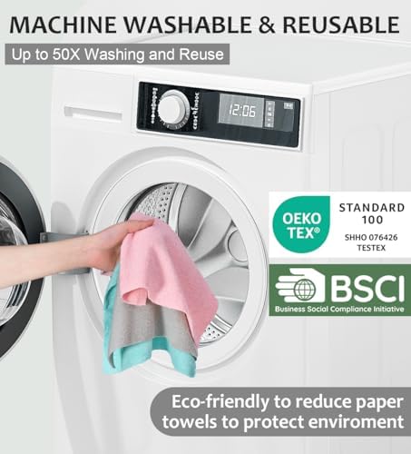 Microfiber Cleaning Cloth, Reusable Paper Towels Rolls, 50 Packs 12x12 inch Cleaning Rags for Washing Dishes, Kitchen, Bathroom, Car, Pink