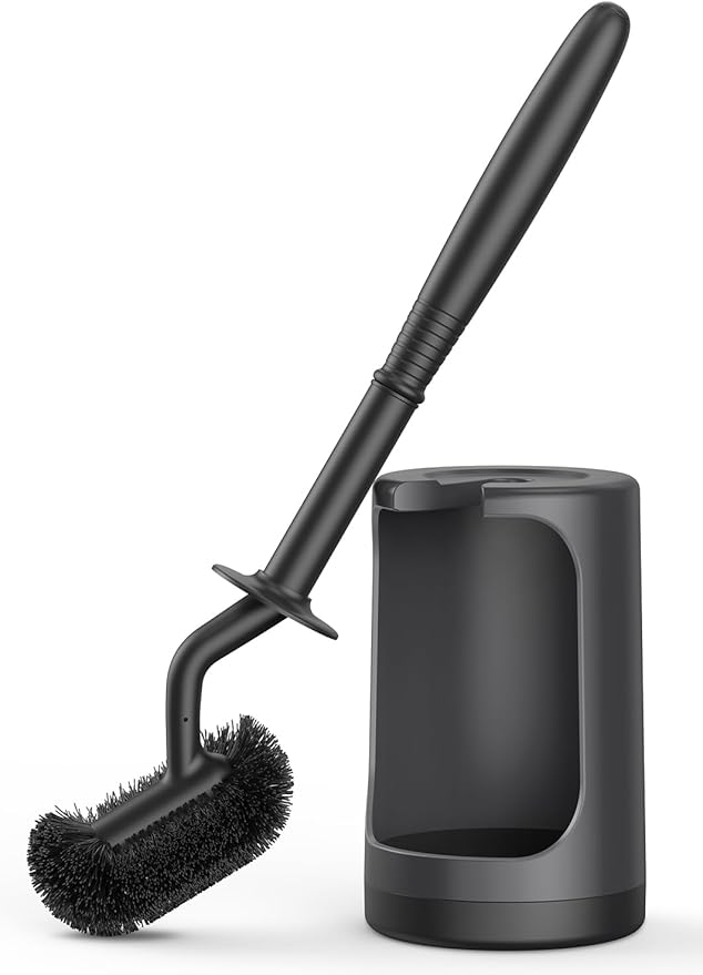 HAMITOR Toilet Bowl Brush Holder Set: Curved Design with Holder for Deep Cleaning Under Rim - Compact Hidden Scrubber for Small Space - Modern RV Bathroom Accessories - Black