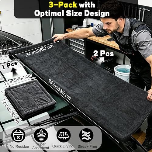 3 Pack Car Drying Towel, 1200GSM Microfiber Towels for Cars