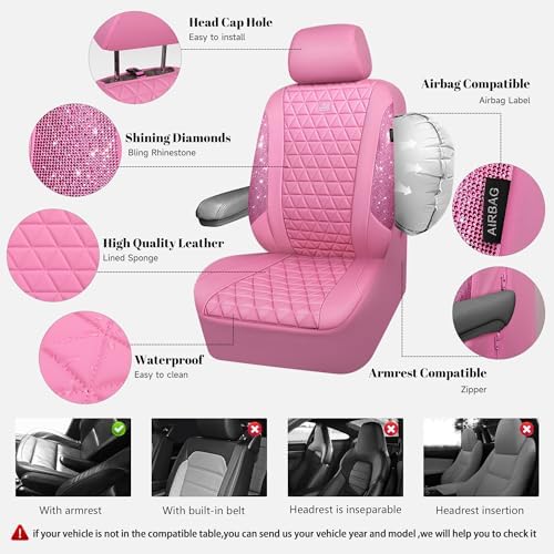 Bling Diamond Pink Leather Car Seat Covers Full Sets Interior Sets, Waterproof Shining Glitter Sparkly Crystal Universal Armrest Fit for Automotive Truck SUV Cute Women Girl, Pink Rhinestone