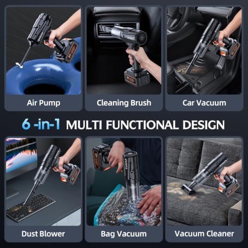 Car Vacuum Portable Cordless, 50000Pa Strong Suction Brushless Motor, Handheld Vacuum with 2 Batteries & Charger, 6-in-1 Rechargeable Vacuum Cleaners for Home, Pet Hair & Keyboard - Ink Black