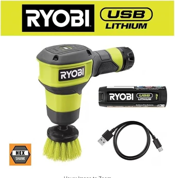 RYOBI USB Lithium Compact Scrubber Kit with 2.0 Ah Battery, USB Charging Cord, and 2 in. Medium Bristle Brush, Green