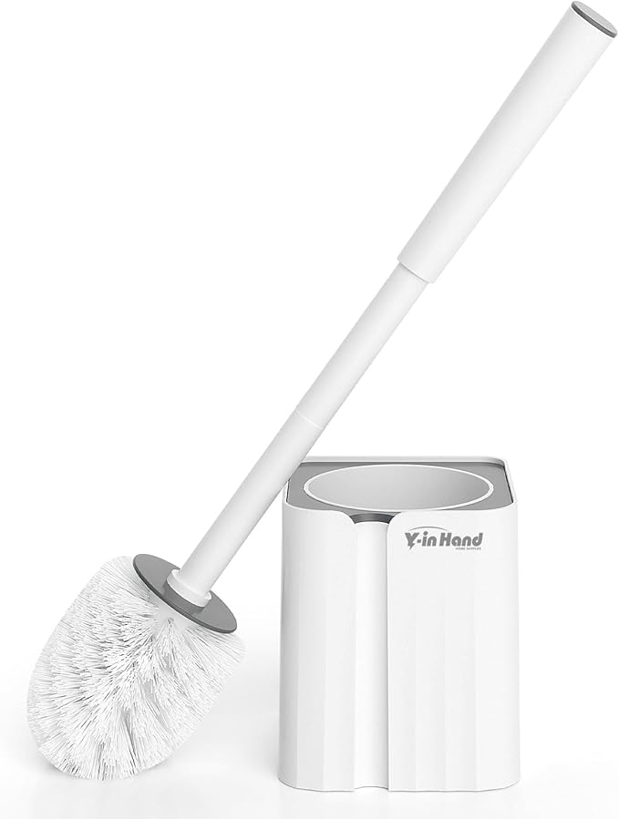 Y-in Hand Toilet Bowl Brush and Holder Set, Compact Toilet Scrubber Brush for RV and Bathroom Cleaning, Durable Classic 360°PP Bristle, Drip-Proof, Wall Mountable.（White）
