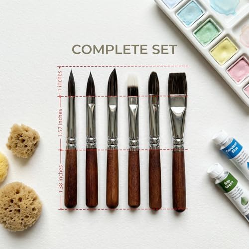 6 pcs Short Handle Watercolor Brushes,Professional Synthetic Squirrel Paint Brush Set for Detail Acrylic Gouache,Travel Art Paintbrushes Includes Round,Cat's Tongue,Dagger,Texture,Shaper,Flat