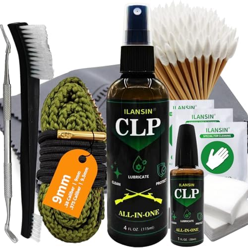 Bore Cleaner CLP Oil Needle+Spray,Gun Cleaning Kit for 12Ga / 5.56 / 9mm Gun Cleaning Snake,Gun Cleaning Supplies with Gun Cleaning Patches,6'' Gun Cleaning Swabs,Gun Brushes,Picks,Jag,Tip