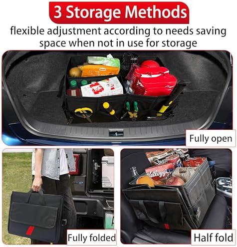 Car Trunk Organizer for Dodge Charger Durango Challenger Ram Collapsible Storage Box with Handle Foldable Lid Non Slip Bottom 2 Compartment Sturdy Base Panel for Dodge Accessories(Red Trim)