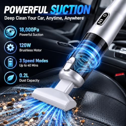 Car Vacuum Portable Cordless Handheld Vacuum Cleaner, 4-in-1 Mini Vacuum with 18,000Pa Suction, 6,000mAh Battery, Brushless Motor, 3 Suction Modes, USB-C, for Car, Home & Office