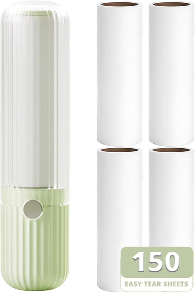 Compact Lint Roller with 150 Sheets - Portable Pet Hair Remover for Clothes, Furniture, and Travel Essentials Household Use, 1 Handle+5 Roller Refills (Green)