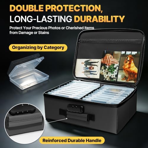 Photo Storage Box with 18 Inner Photo Case, Photo Organizer Box with Lock, PU Storage Containers with Handles & Lid, Keepsake Box for Home, Office, Travel, Pictures & Memories Storage Cards, Grey