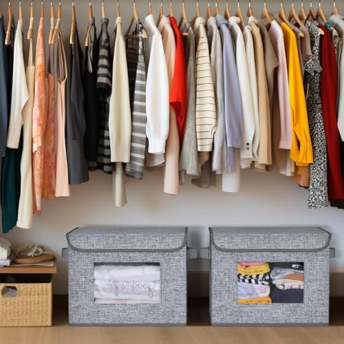 Fabric Storage Bins with Lids for Clothes 4 Pack, Grey Linen