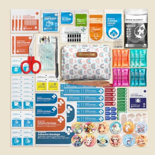 Care Rescue Pack | Family-Friendly First Aid Kit for Kids with 200 Pcs Medical Supplies | Travel-Friendly Compact Storage Bag for Home, Car, Travel, Camping, Adventure (Rainbow)